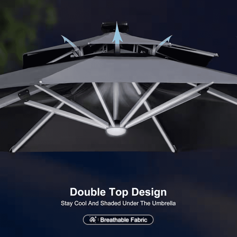 12 Ft. Octagon Aluminum Solar Powered LED Patio Cantilever Offset Umbrella with Base, Gray - Image 6