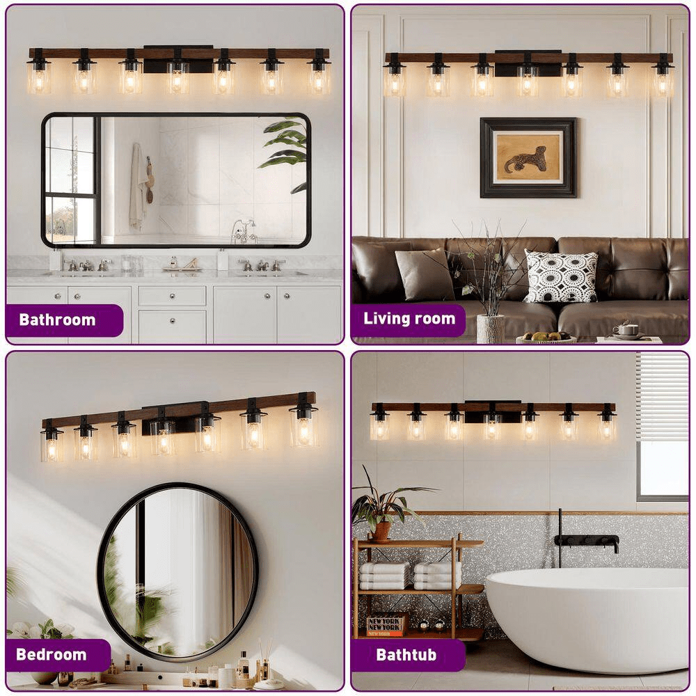 50 In. 7-Light Black and Walnut Industrial Bathroom Vanity Light with Clear Glass Shade - Image 7