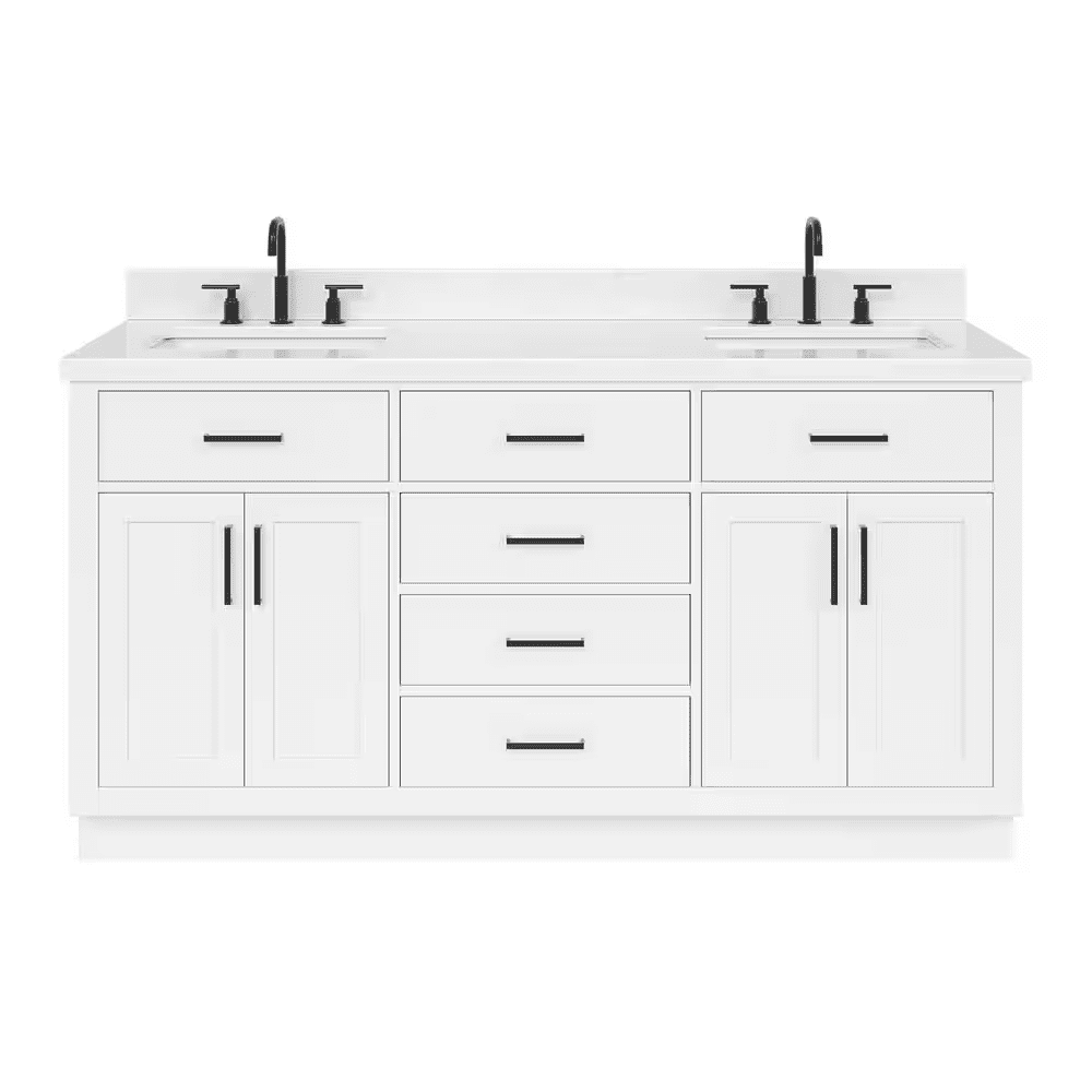 Hepburn 66 In. Double Sink Freestanding Bathroom Vanity in White with Carrara White Quartz Top - Image 2