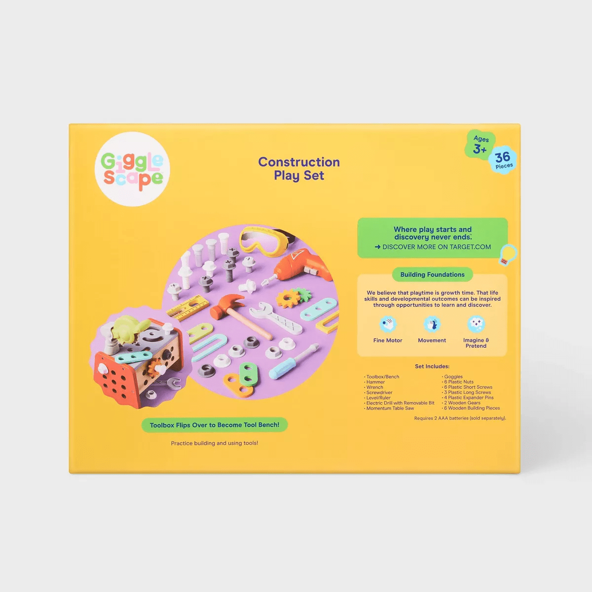 Construction Play Set - Gigglescape™: Toy Tools, Plastic & Wood, 35 Pieces, Ages 3+, Pretend Workbench Accessories - Image 5