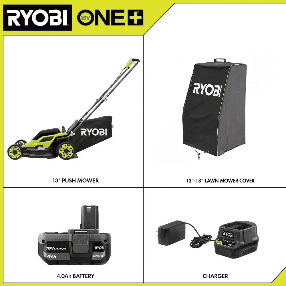 ONE+18V 13 In. Cordless Battery Walk behind Push Lawn Mower W/ Weatherproof UV Resistant Cover, 4.0 Ah Battery & Charger - Image 2