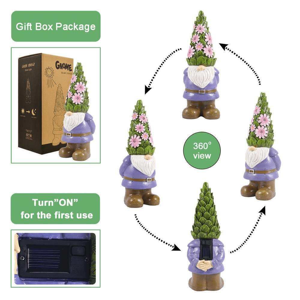 Solar Garden Gnome Statue- Standing Gnome with Glowing Flowers and 5 LED Lights, Summer Dwarf Garden Decorations - Image 3