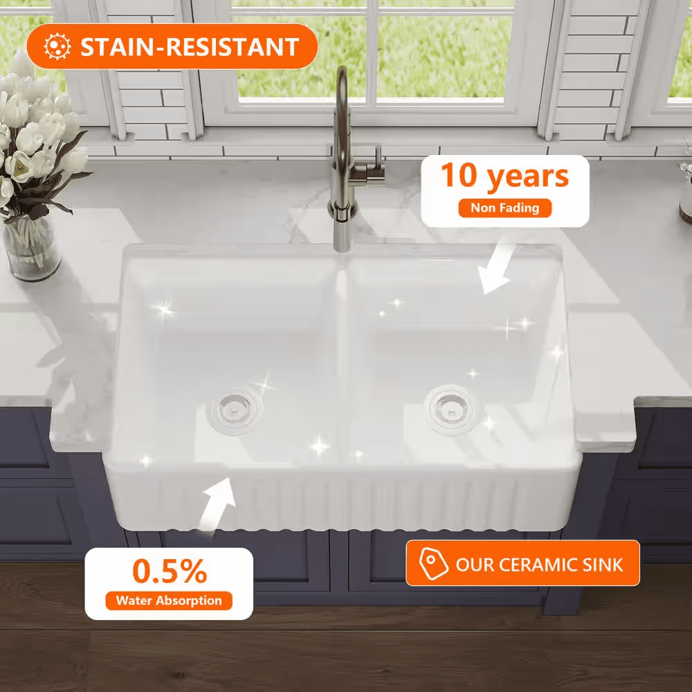 Eclipse White Ceramic 33 In. L 50/50 Rectangular Double Basin Farmhouse Apron Kitchen Sink with Grid and Strainer - Image 9