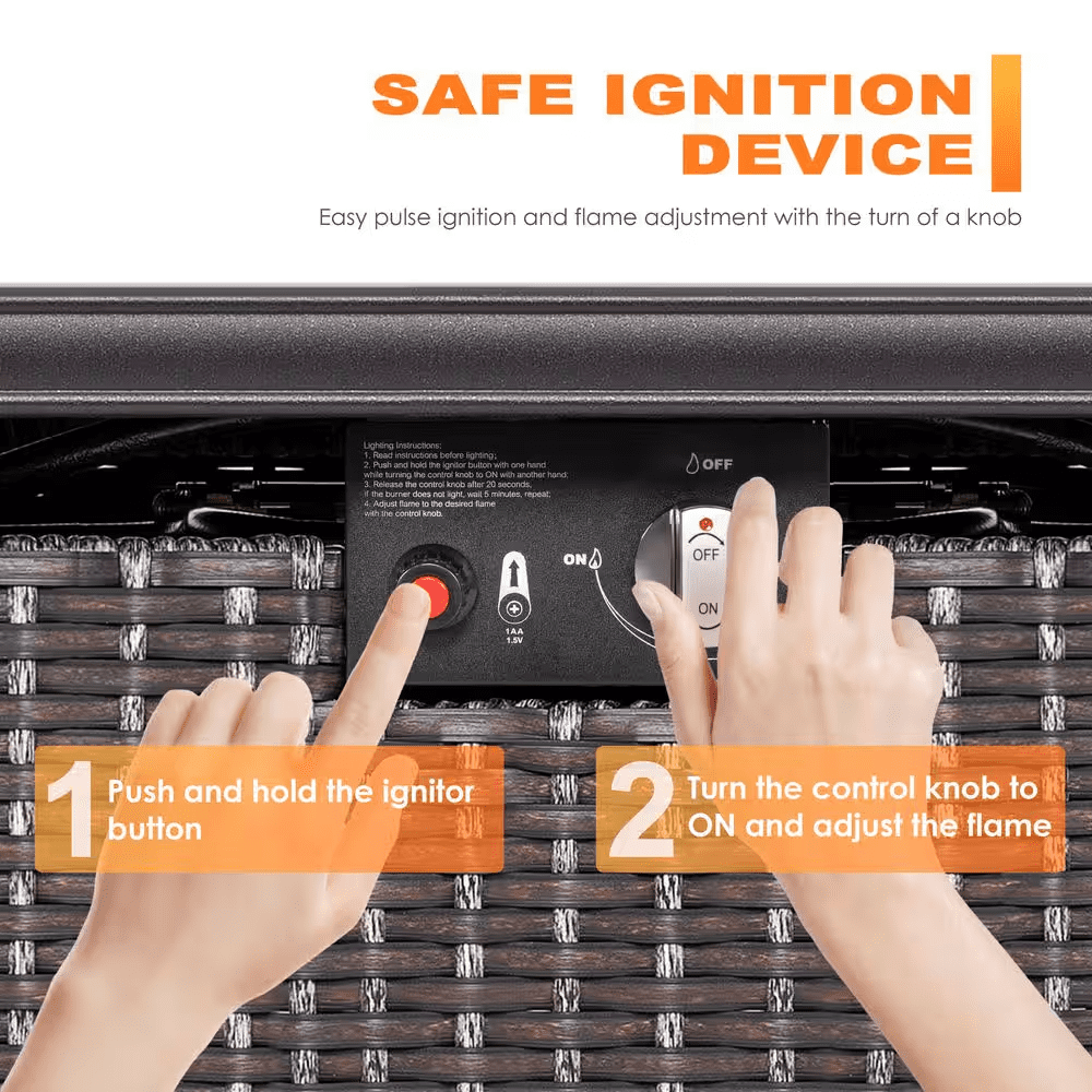 Brown 43 In. 50000 BTU Rectangular Wicker Aluminum Propane Gas Outdoor Fire Pit Table with Removable Lid Fire Glass - Image 4