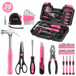 39-Piece Tool Set General Household Hand Kit with Plastic Toolbox Storage Case, Basic Home Tool Kit for Girls Ladies and Women - Includes Essential Tools for Home Garage and Office, Pink