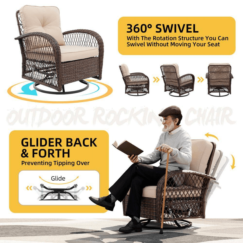 3-Piece Patio Outdoor Brown Wicker Swivel Rocking Chair Set with Side Table and Beige Cushions - Image 4