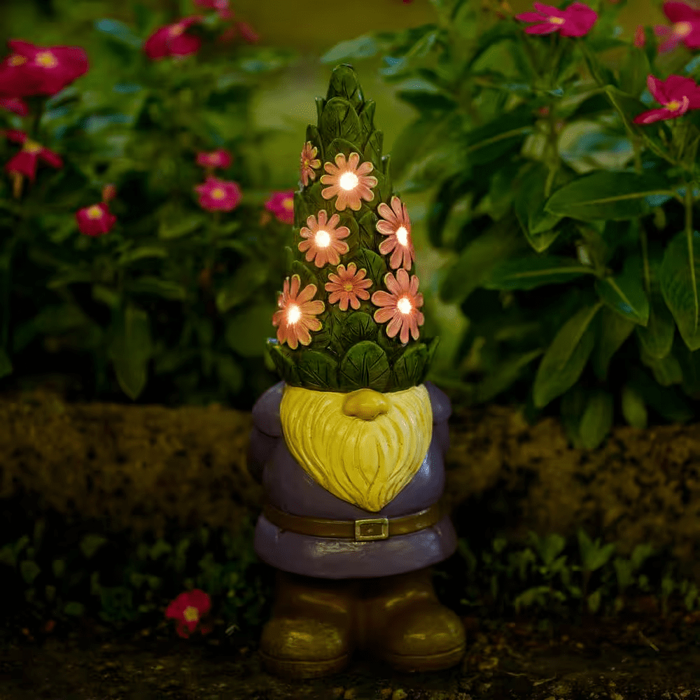 Solar Garden Gnome Statue- Standing Gnome with Glowing Flowers and 5 LED Lights, Summer Dwarf Garden Decorations - Image 7