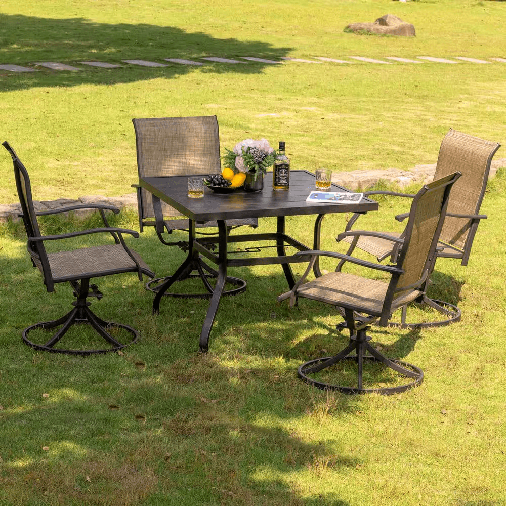 5-Piece Steel Sling Outdoor Patio Dining Set with Square Table and Swivel Dining Chairs in Brown - Image 5
