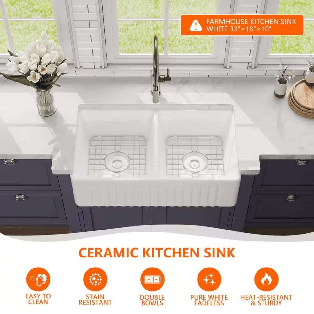 Eclipse White Ceramic 33 In. L 50/50 Rectangular Double Basin Farmhouse Apron Kitchen Sink with Grid and Strainer - Image 6