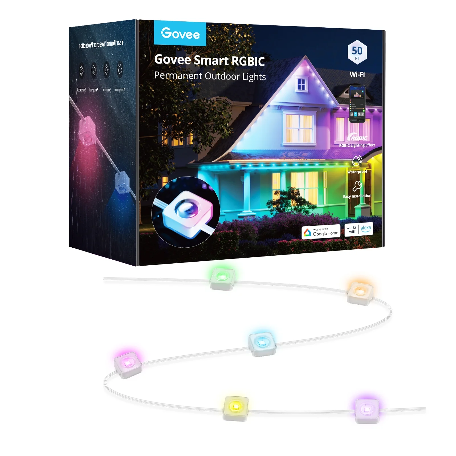 50Ft RGBIC Smart Black Permanent Outdoor LED Strip Lights with 36 Lights, Color-Changing, IP67 Waterproof, Wifi + Bluetooth, Patio, Garden Decor, Holiday Lighting - Image 2