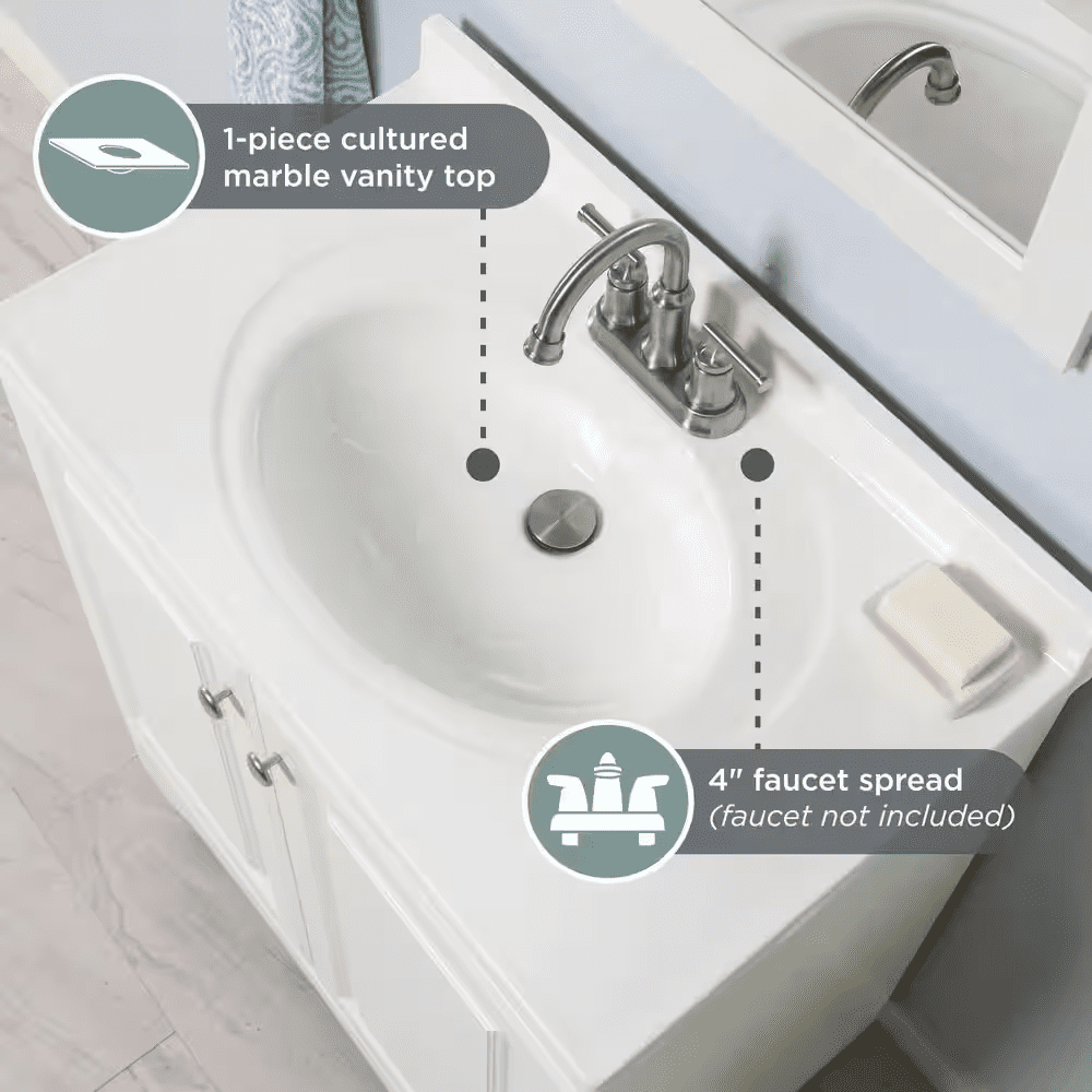 31 In. Single Sink White Bath Vanity with White Cultured Marble Top (Assembled) - Image 4