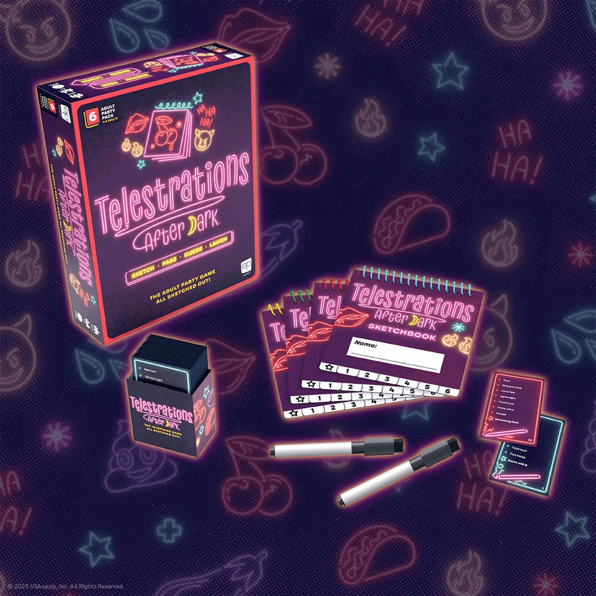 The Op Games Telestrations after Dark 6 Player Game: Party Fun with Cards, Dice, and Dry Erase Boards for 4-6 Participants - Image 2