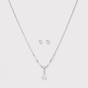 Silver Plated Cubic Zirconia Pear Pendant Necklace and Stud Earring Set 2Pc - Silver: Brass, Nickel-Free, Gift Box