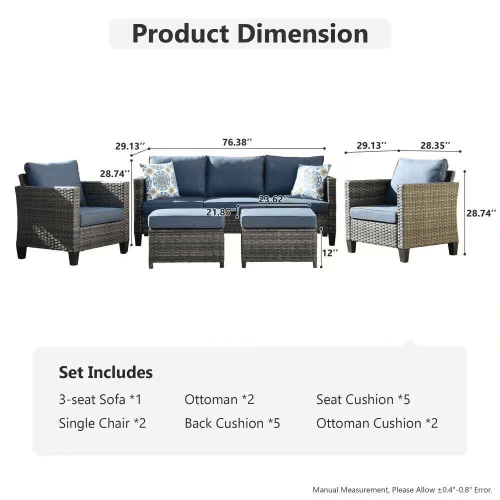 New Vultros Gray 5-Piece Wicker Outdoor Patio Conversation Seating Set with Blue Cushions - Image 11