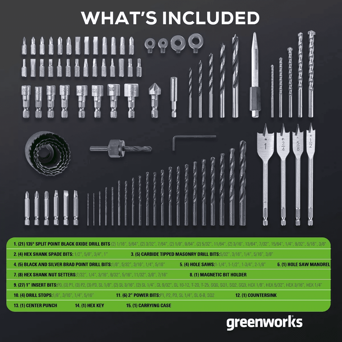 Greenworks 60Pc Multi-Material Drill and Impact-Rated Driving Set: Drill Bit Set & Accessories for Power Tools - Image 3