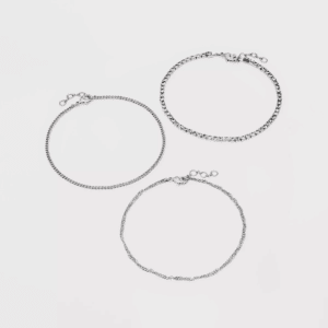 9" Twisted Curb Stone Anklet Set 3Pc - a New Day™ Dark Silver: Brass Chain Anklets with Lobster Claw Clasp