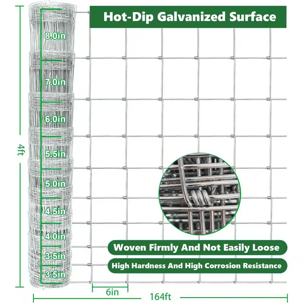 14-Gauge 4 X 164 Ft. Galvanized Cattle Farm Fence Wire Mesh for Livestock, Goat, Deer, Hog Wire Rolls Animal Barrier