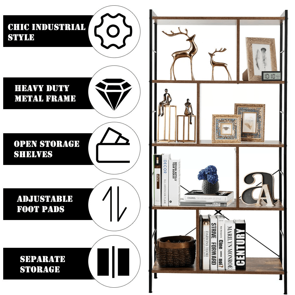 Costway 4-Tier Bookcase Industrial Bookshelf Floor Standing Storage Rack - Image 7