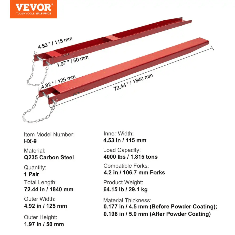Pallet Fork Extensions 72 In. L X 4.5 In. W Heavy-Duty Carbon Steel Fork Extensions with Pins for Forklift (1-Pair, Red) - Image 8