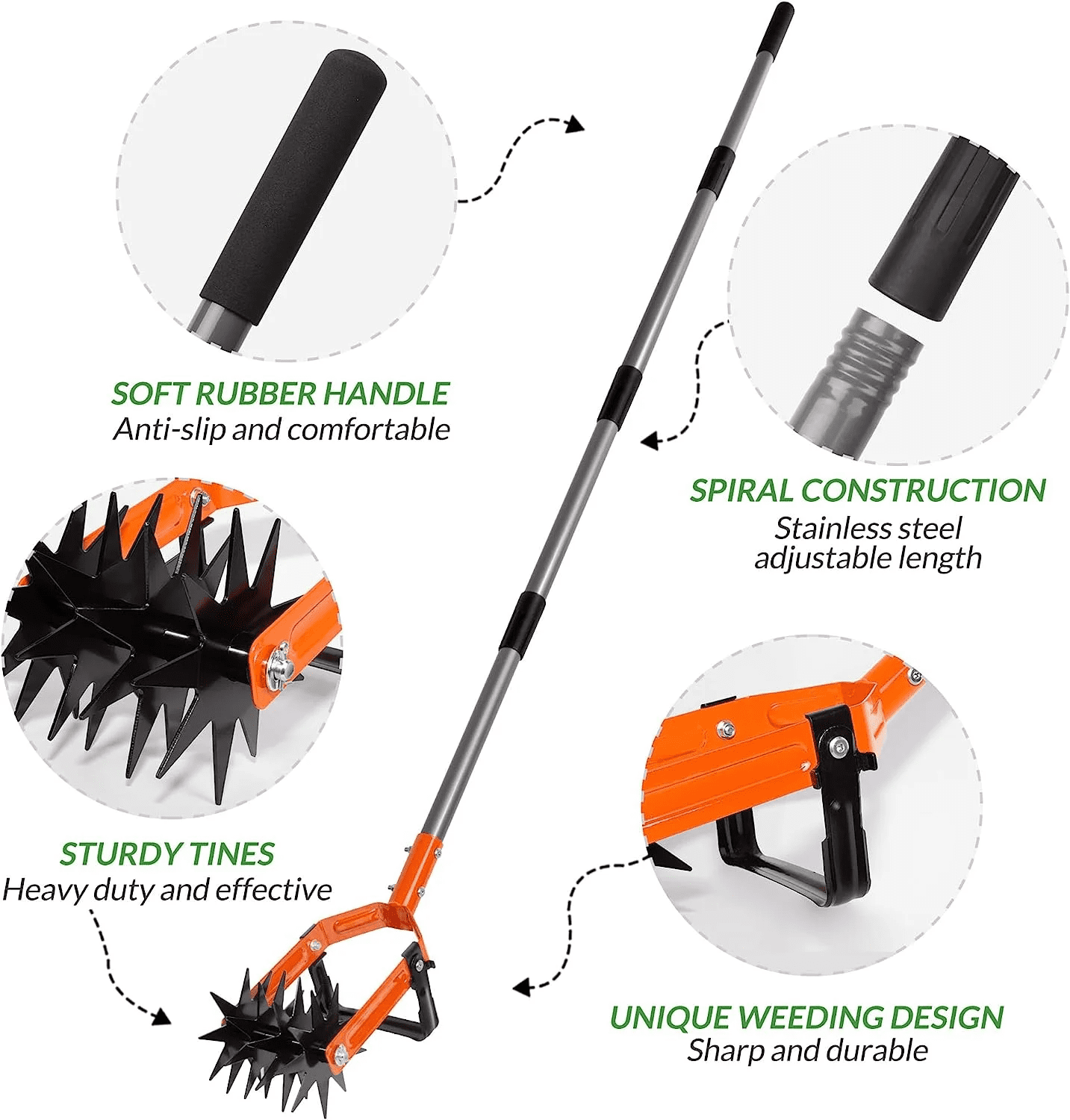 Rotary Cultivator Tool, Adjustable Garden Hand Tiller with Stainless Steel Pole, 2-In-1 Garden Weeder and Crumbler Soil Cultivator Tool with Weeding Knife for Soil Mixing or Reseeding Grass - Image 2