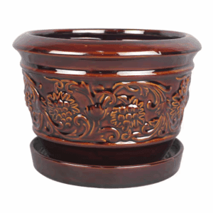 8 In. Dia Brown Rustic Damask Ceramic Planter