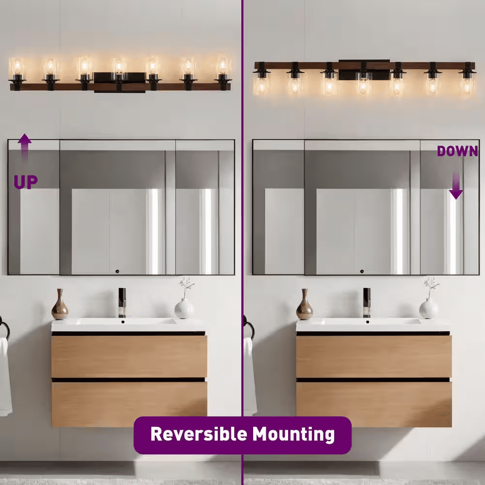 50 In. 7-Light Black and Walnut Industrial Bathroom Vanity Light with Clear Glass Shade - Image 3