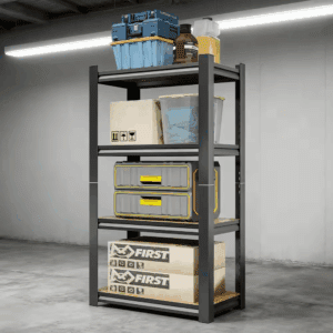 4-Shelf Metal Storage Rack, Heavy Duty Shelving Unit with Wooden Adjustable Shelf for Kitchen Garage Supermarket