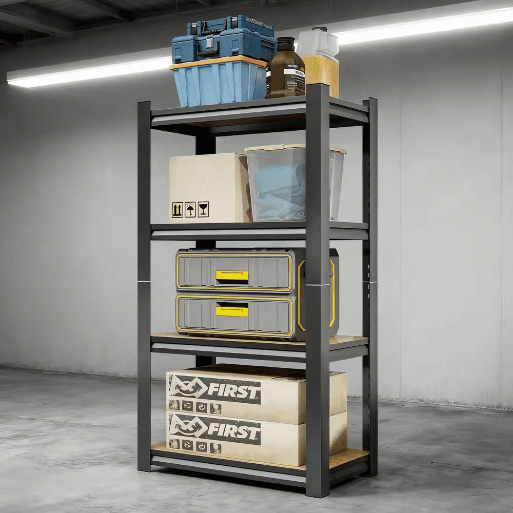 4-Shelf Metal Storage Rack, Heavy Duty Shelving Unit with Wooden Adjustable Shelf for Kitchen Garage Supermarket