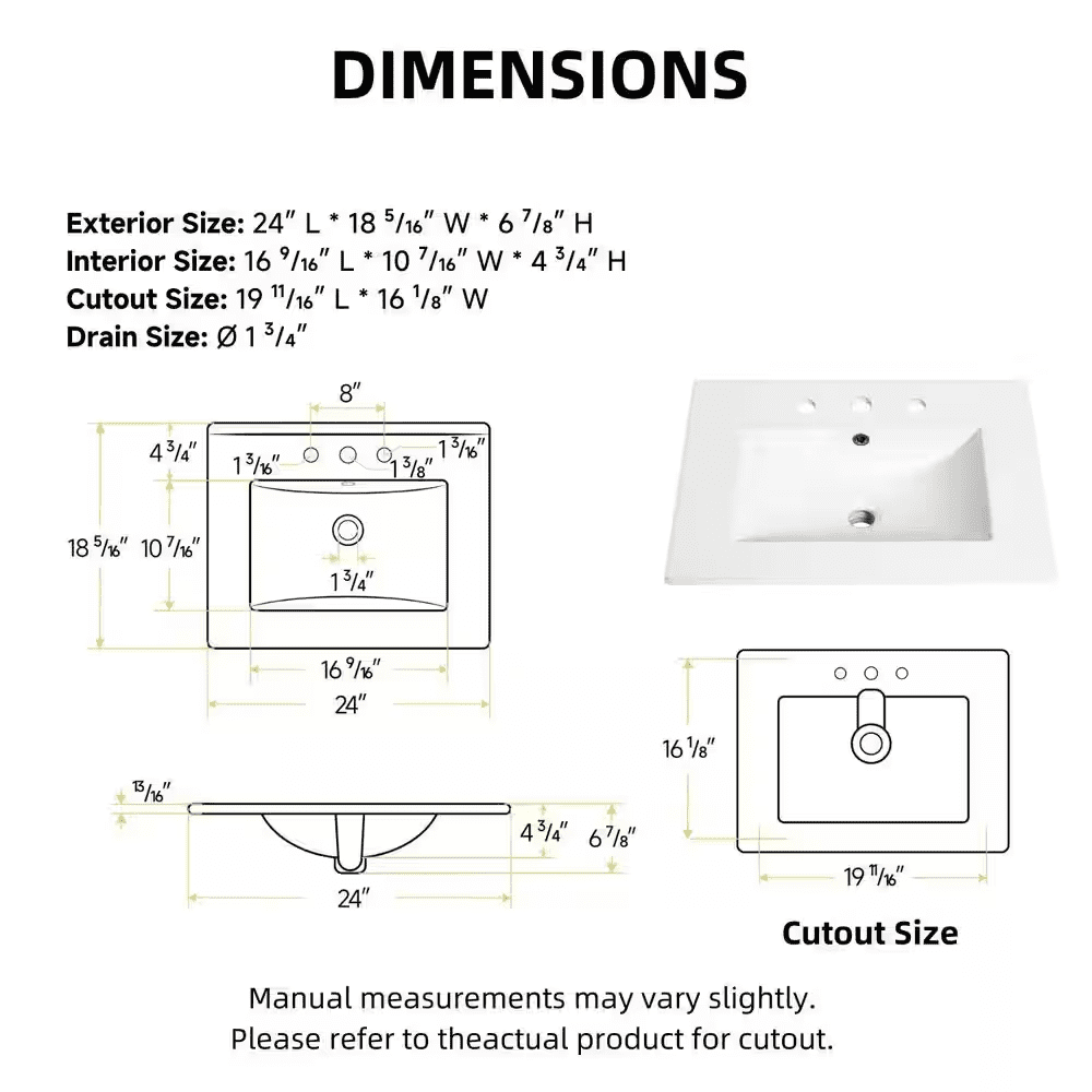 Rectangular Drop-In Bathroom Sink 24 In. X 18 In. White Ceramic Semi-Recessed Vessel Sink with Widespread Faucet Holes - Image 3