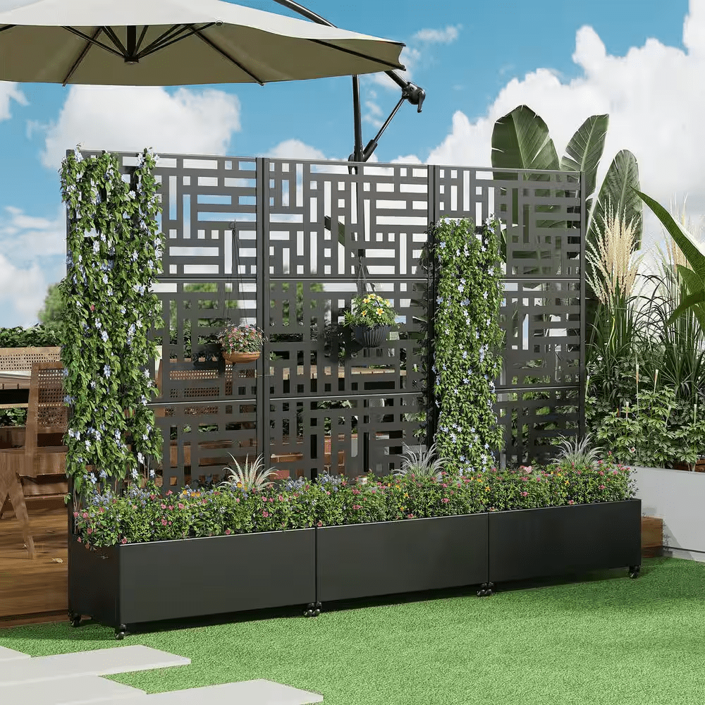 72 In. X 35 In. Black Outdoor Metal Privacy Screen Raised Planter Box Wall Decor - Image 5