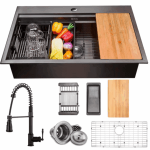 All-In-One Matte Black Finished Stainless Steel 33 In. X 22 In. Single Bowl Drop-In Kitchen Sink with Spring Neck Faucet