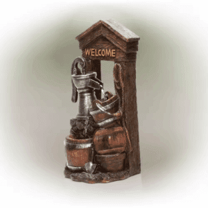 24 In. Tall Vintage Water Pump with Welcome Sign and Barrels Fountain Yard Art Decor, Multicolor