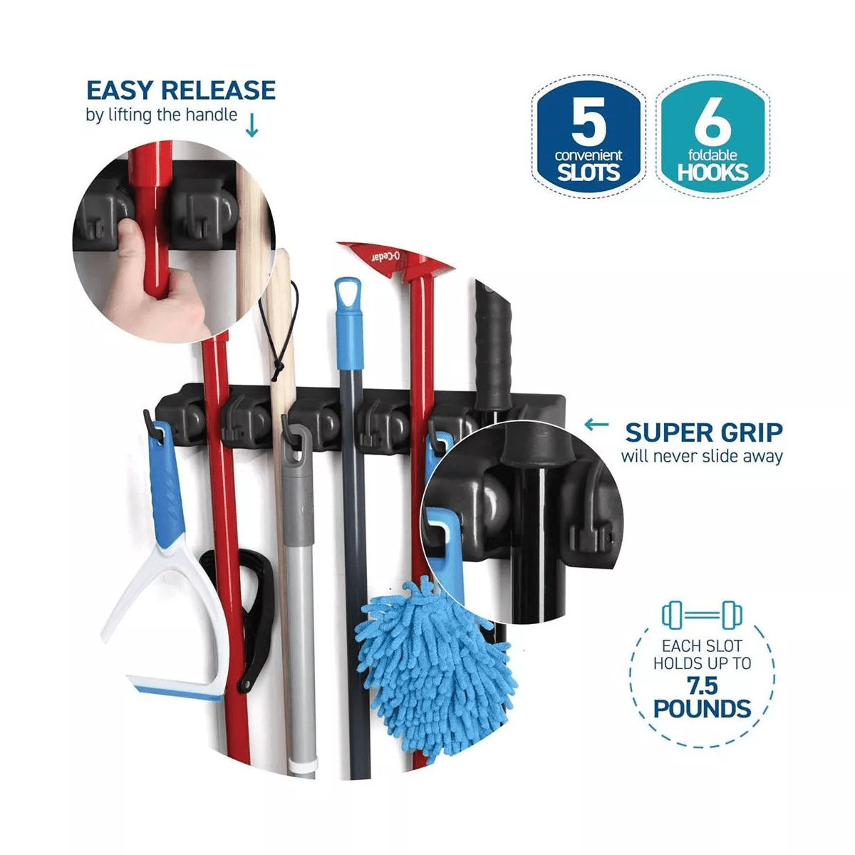 1-2 Pack Broom and Mop Holder Rack - Garage Storage System - Garden Tool Organizer with 5 Slots, 6 Hooks, 7.5Lbs Capacity per Slot off - Homeitusa - Image 7
