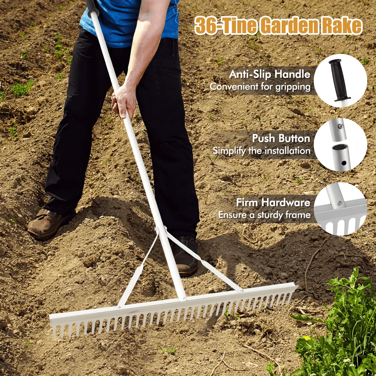 Costway Landscape Rake with 36" Head & 68" Handle Heavy-Duty Aluminum Leaf Rake for Lawns - Image 8