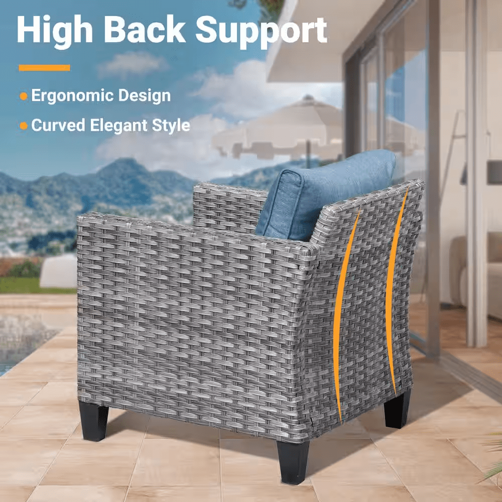 New Vultros Gray 5-Piece Wicker Outdoor Patio Conversation Seating Set with Blue Cushions - Image 5