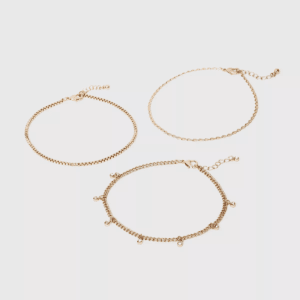 Gem Drop Anklet Set 3Pc - a New Day™ Gold: Multi-Strand Surgical Steel, Lobster Claw Clasp