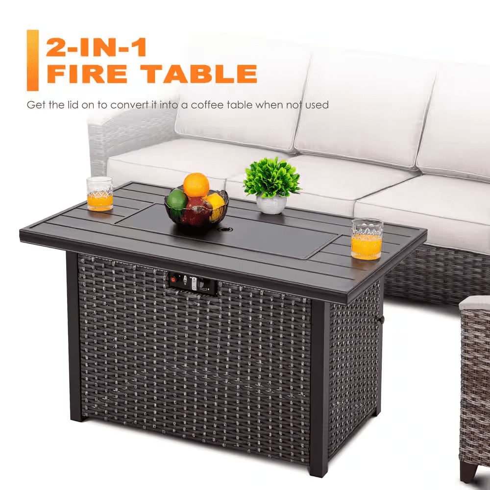 Brown 43 In. 50000 BTU Rectangular Wicker Aluminum Propane Gas Outdoor Fire Pit Table with Removable Lid Fire Glass - Image 6