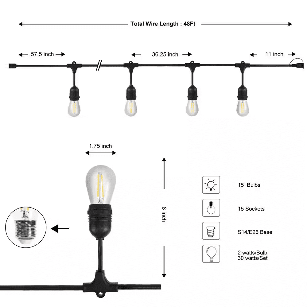 15-Light Indoor/Outdoor 48 Ft. Plug-In Edison Bulb Shape String Light Rustic Industrial LED S14, Black - Image 9