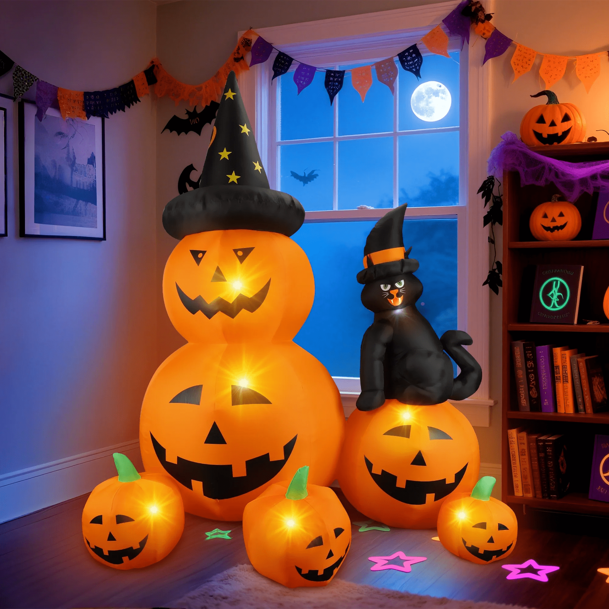 6 FT Halloween Inflatable Pumpkin Halloween Inflatable Pumpkins and Cat Outdoor Yard Decoration Build-In 7 LED White Lights - Image 5