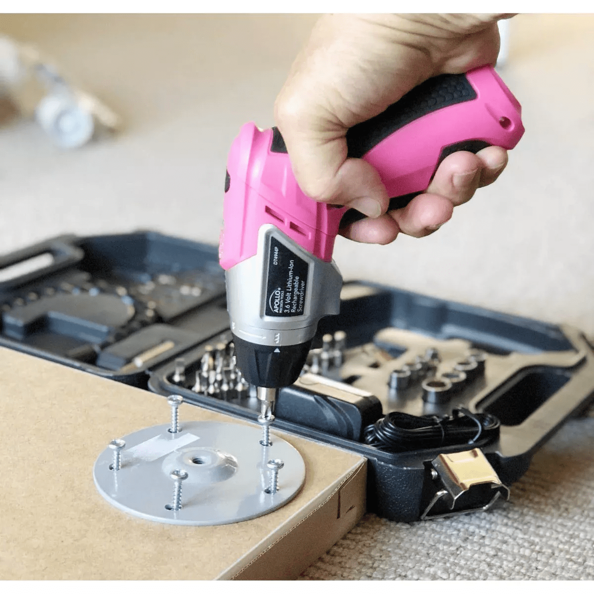 Apollo Tools DT4944P 3.6 Volt Rechargeable Screwdriver with 45Pc Accessory Set Pink: Hand Drill Tool Kit, Lithium Ion Battery - Image 4