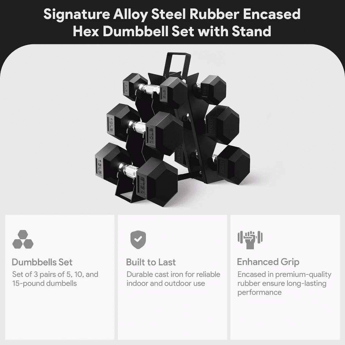 Balancefrom Fitness Signature Alloy Steel Rubber Encased Hex Textured Dumbbell Workout Set W/Rack and 3 Pairs of 5, 10, and 15 Pound Weights, Black - Image 3