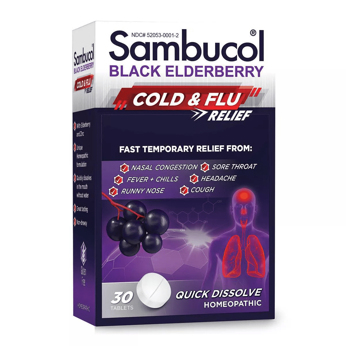 Sambucol Black Elderberry Homeopathic Cold & Flu Relief Tablets - 30Ct