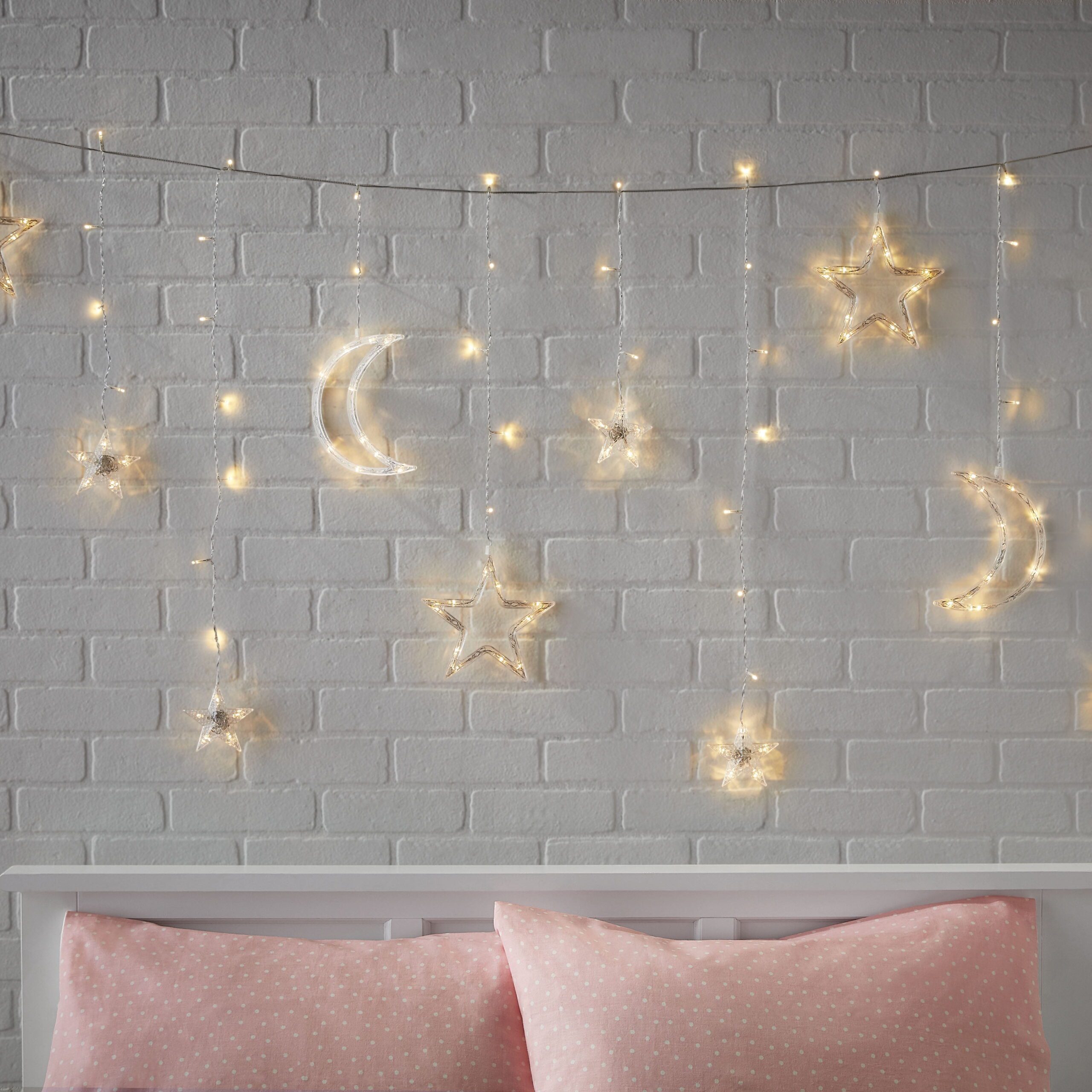 144-Count Indoor Battery Operated Warm White LED Curtain Lights with Stars and Moons - Image 2