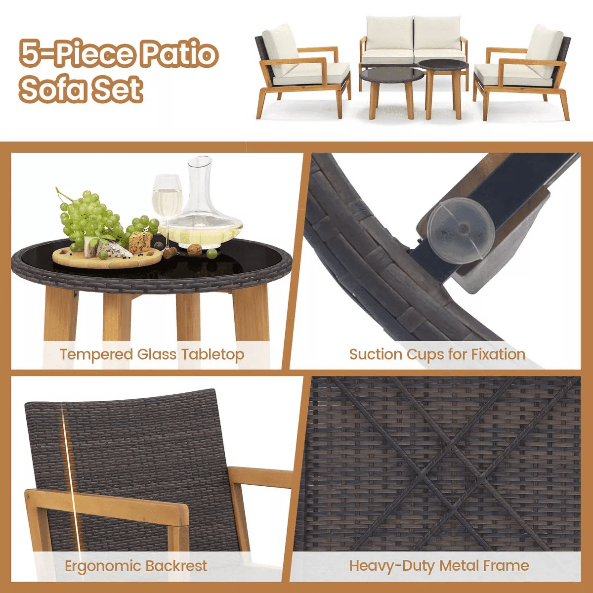 Costway 5 Piece Rattan Furniture Set Wicker Woven Sofa Set with Solid Acacia Wood Frame - Image 6