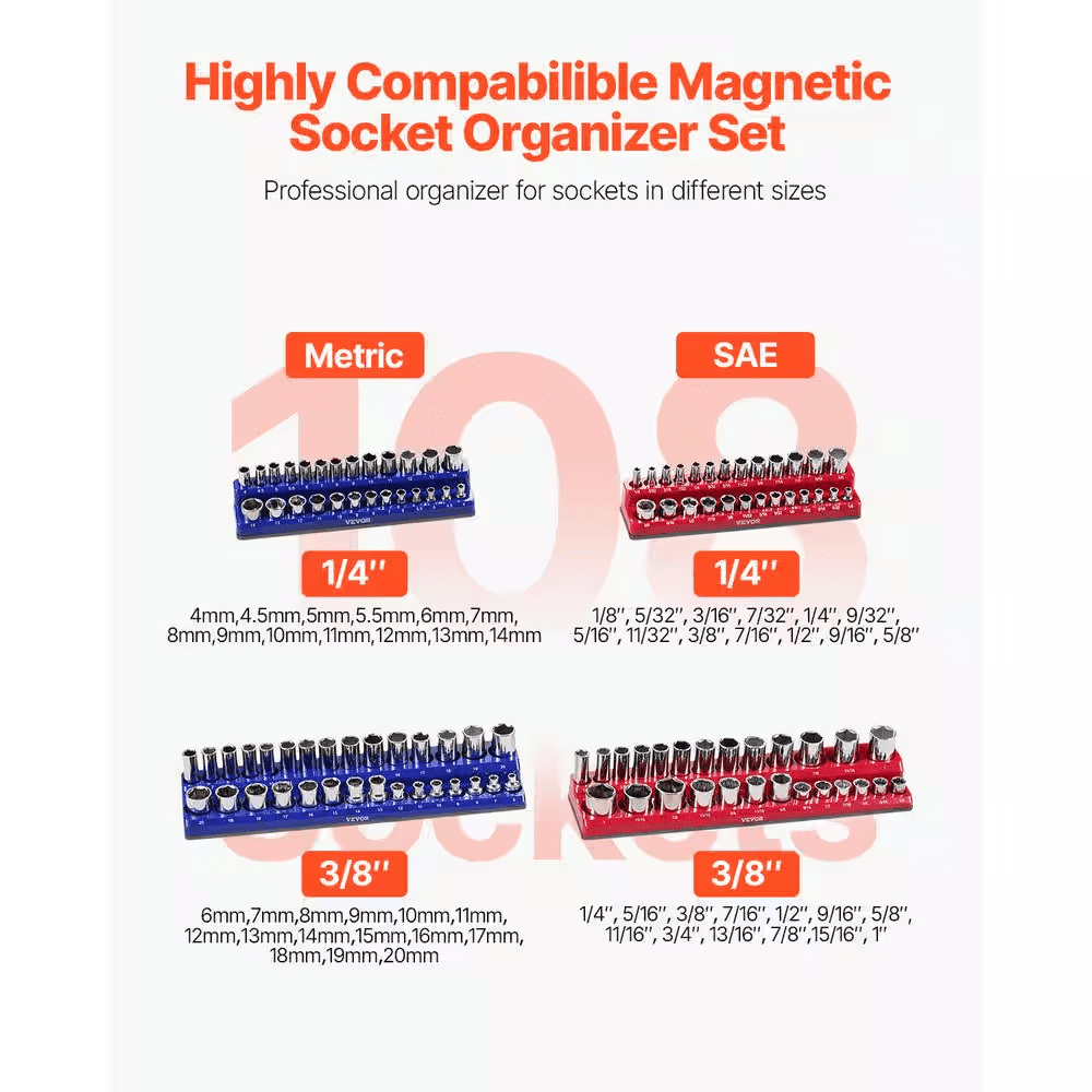 Magnetic Socket Organizer Set, 4-Pieces Magnetic Socket Holder, 1/4 In. and 3/8 In. Metric SAE Socket Trays - Image 2