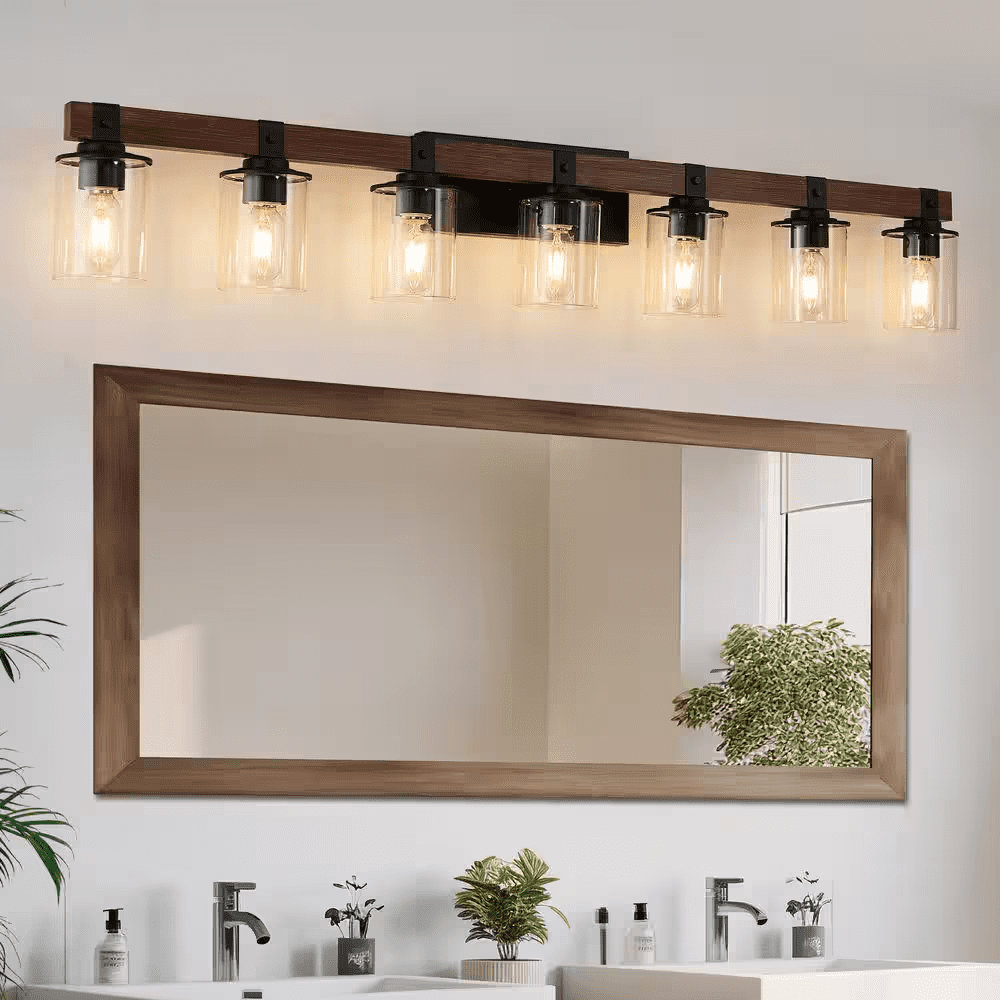 50 In. 7-Light Black and Walnut Industrial Bathroom Vanity Light with Clear Glass Shade