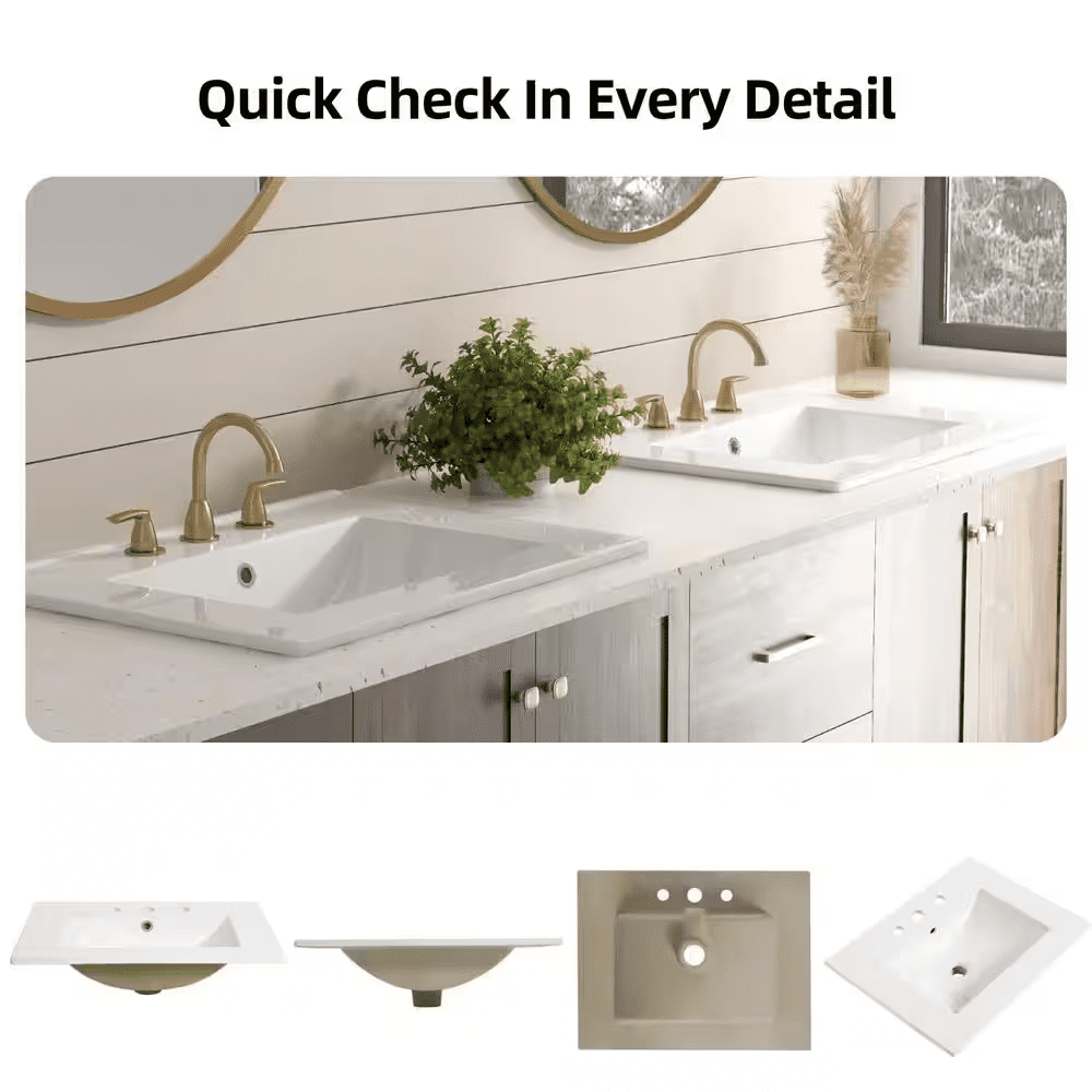 Rectangular Drop-In Bathroom Sink 24 In. X 18 In. White Ceramic Semi-Recessed Vessel Sink with Widespread Faucet Holes - Image 12