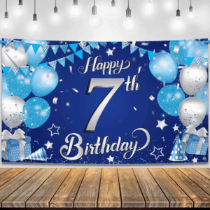 , Xtralarge, Happy 7Th Birthday Banner - 72X44 Inch | Blue and Silver Happy Birthday Banner, Happy 7Th Birthday Decorations for Boys