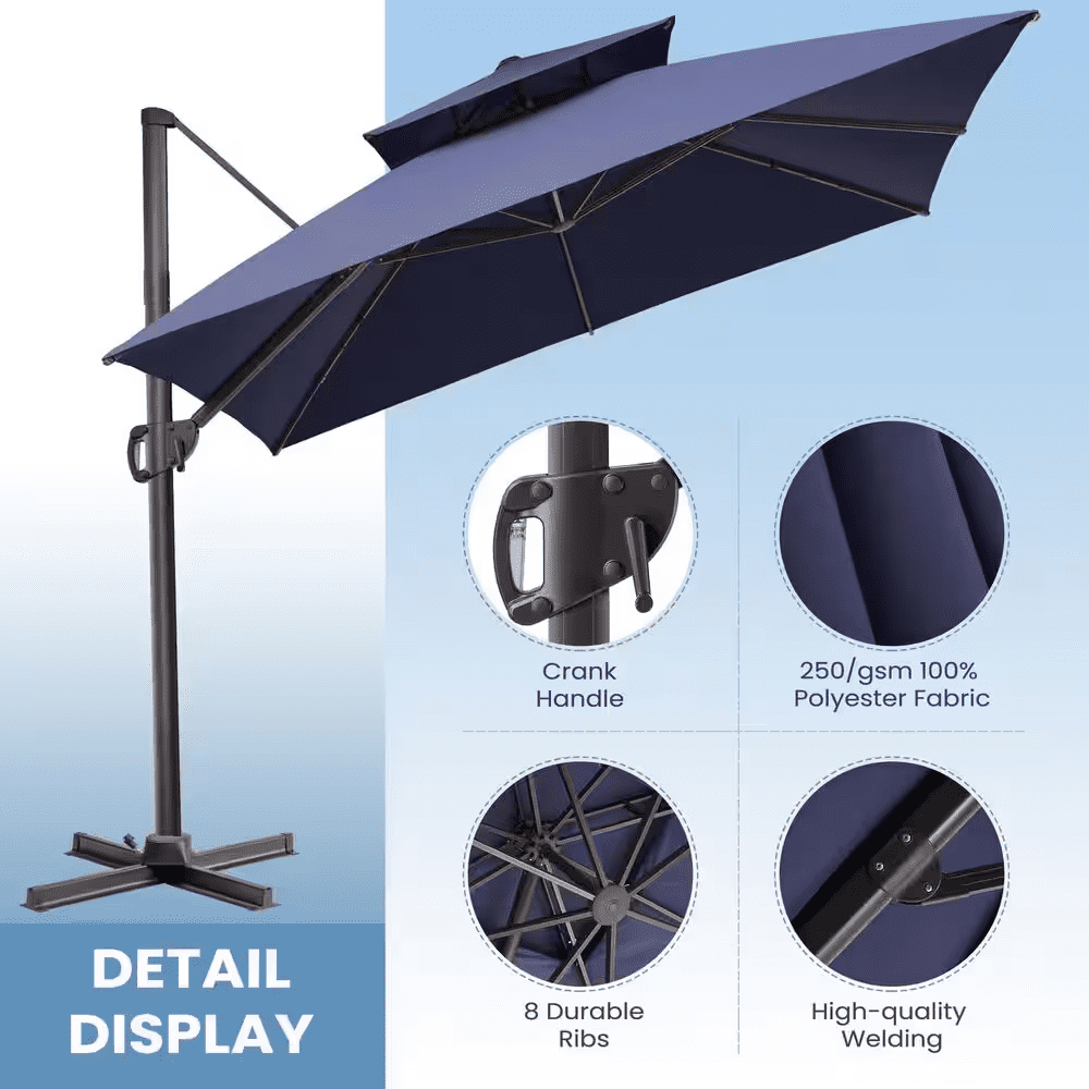 10 Ft. X 10 Ft. Double Top Cantilever Patio Umbrella in Navy Blue with 260 Lbs. Base Stand - Image 3