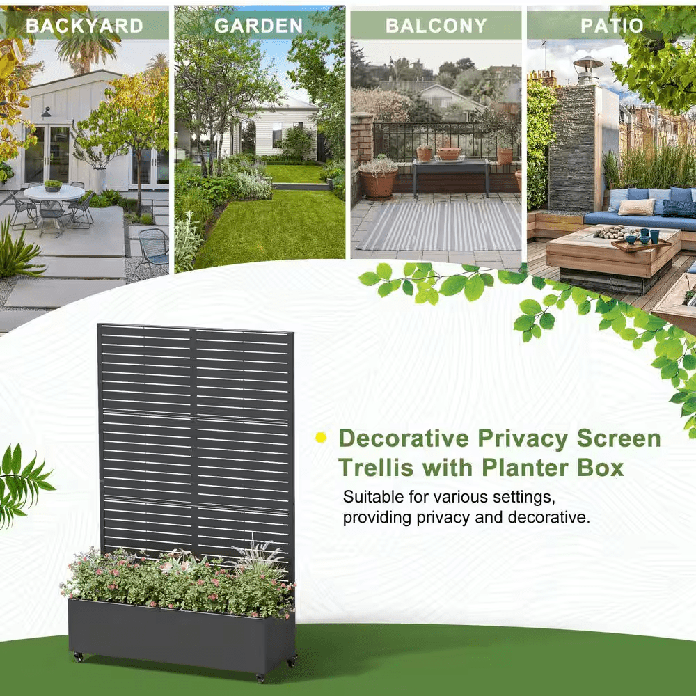 72 In. H X 47 In. W Rectanglar Black Outdoor Metal Privacy Screen Planter Box Wall Decor in Louvered Pattern - Image 4